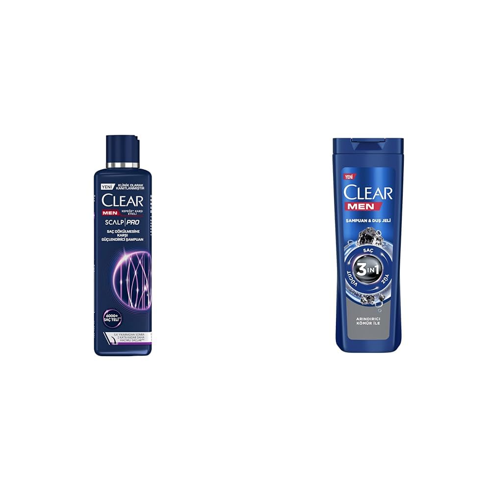 Clear Men Scalp Pro Saç Dökülmesine Karşı Güçlendirici Şampuan Kepeğe Karşı Etkili 300 ml(1) Clear Men 3 in 1 Şampuan & Duş Jeli Arındırıcı Kömür Saç Yüz Vücut İçin(2)