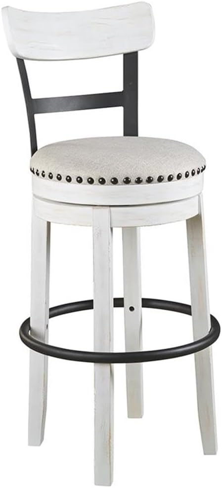 BOWERY HILL 30" Swivel Bar Stool, Vintage White Finish, Metal and Engineered Wood, Linen Colored Upholstered Seat, Nailhead Trim, 42" Tall, 360-Degree Swivel, Rustic-Industrial Style for Kitchen or