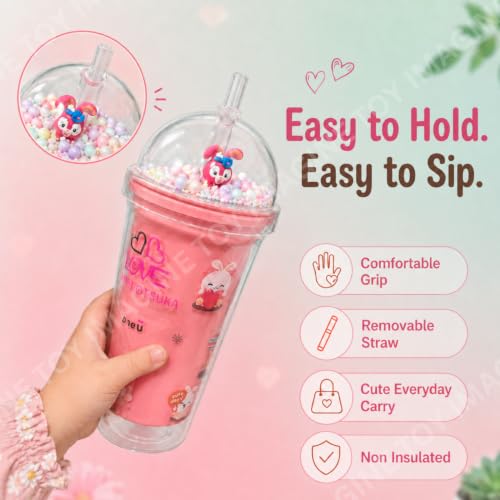 Image of Toy Imagine Bunny Glitter Tumbler for Kids, 550ml Double Wall Acrylic Sipper Cup with Straw & Dome Lid, BPA-Free Reusable Tumbler with Floating Beads for School, Travel & Gifts