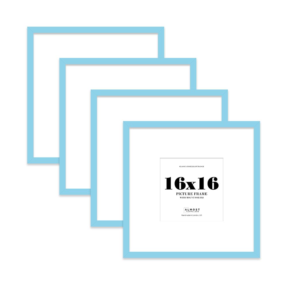 16x16 Light Blue Picture Frame with Large Mount for 8x8 Photos, Prints - Modern Square Wall Frame, Set of 4