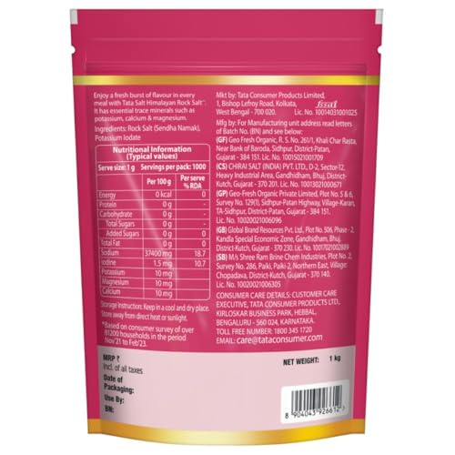 Tata Himalayan Rock Pink Salt, 1kg Pouch, Premium Sendha Namak, With Natural Trace Minerals, Low Sodium, Crystal Salt