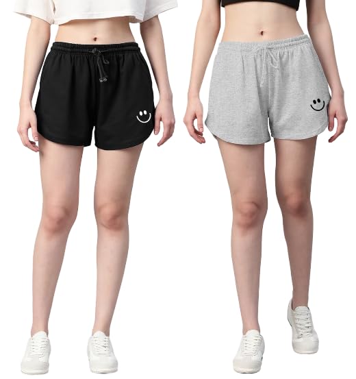 Womens Casual Wear Smle Print Shorts (Smile Shorts-Black,Grey)