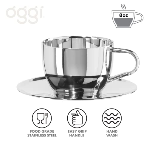 Oggi Insulated Coffee Cup 8Oz - Saucer Included - Dual Wall Stainless Steel Technology Coffee Or Tea Cup With Elegant Mirror Finish #TOP1