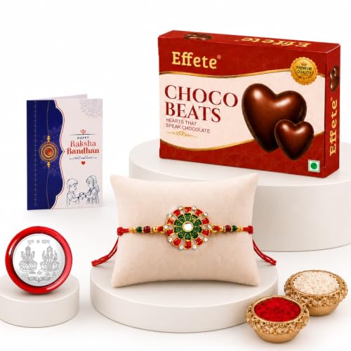 Image of Oblivion Rakhi with Chocolate for Brother - Colorful Round Shape Rakhi with Choco Beats Chocolate 32gms with Silver Color Pooja Coin, Greeting Card & Tilak Set - Traditional Raksha Bandhan Combo Pack