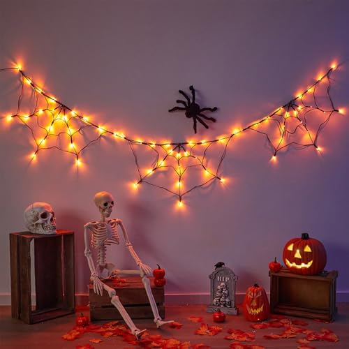 180cm Luces De Telarañas Halloween con 60 LED, 30cm Peluda Araña Halloween, Telaraña Halloween Decoracion, 8 Modos De Luces, Decoracion Helloween para Jardín, Pared, Casa Embrujada Y Patio (Naranja)