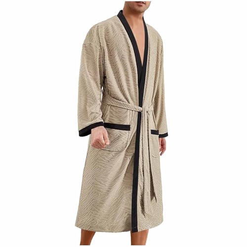 Cambkatl Men's Jacquard Robe Color Block Belted Bathrobe Kimono Cardigan Long Sleeve Nightgown with Pockets