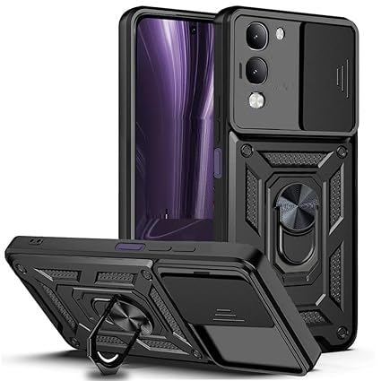 Image of SPAZY CASE Vivo T4 Lite 5G Back Cover | Heavy Duty Hybrid Case with 360 Degree Rotating Finger Ring Holder + Slider Shutter Camera Protection Case for Vivo T4 Lite 5G - Black