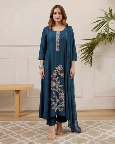 Image of ANNI Designer Kurta Sets for Women Viscose Embroidered | Kurti Set for Woman | Kurta Pant Dupatta Set | A Line Kurti | Round Neck 3 /4 Sleeve Suit Set for Women Stylish Ethnic Outfit Clothing