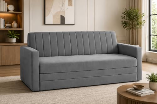 Image of 3-Seater Velvet Sofa Cum Bed with Armrests | Modern Convertible Sleeper Couch | Stylish Sofa Bed for Living Room, Bedroom & Office | Grey