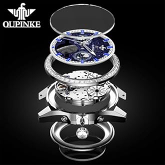 OUPINKE Watch for Men Automatic Wristwatch Diamond Sapphire Crystal Skeleton Luminous 3D Dial with 5ATM Waterproof Luxury Stainless Steel Strap