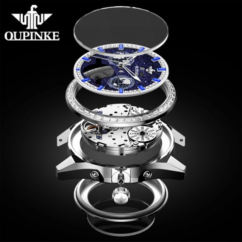 OUPINKE Watch for Men Automatic Wristwatch Diamond Sapphire Crystal Skeleton Luminous 3D Dial with 5ATM Waterproof Luxury Stainless Steel Strap