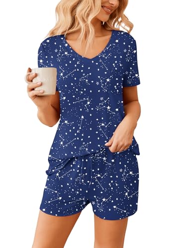 Image of Ekouaer Womens Pajama Sets Short Sleeve Pajamas for Women Sets Soft Lounge Sets Casual V Neck Sleepwear PJS