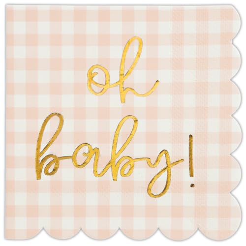 Cloverjoyed Oh Baby Pink Baby Shower Decorations for Girls Pink Plaid Oh Baby Napkins Gingham Scalloped Its a Girl Decor 1st Birthday Welcome Home Sprinkles Pregnancy Announcement 50 Pack