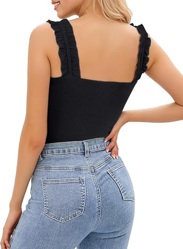 Necooer Ladies Lace Camisole Top Y2K Solid Basic Out Top Sleeveless Cute Ladies Ribbed Black Top(S,Black) - Image 3