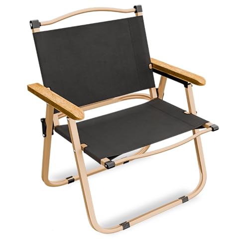 Sillas de camping ligeras y plegables con reposabrazos de madera maciza, cómodas sillas plegables al aire libre para picnic, pesca, senderismo y uso en el césped (grande, negro)