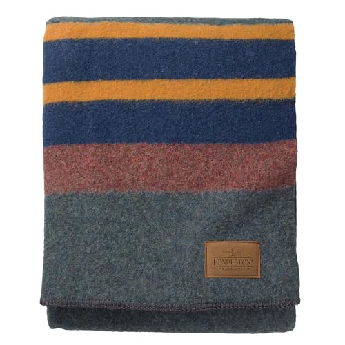 Pendleton Yakima Camp Blanket Full Queen 90 x 90 - Wool Cotton Large Dry Clean Soft and Durable Throw for Home and Travel - Lake