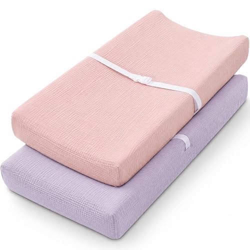 Image of Pro Goleem Muslin Changing Pad Cover for Girls, Soft Breathable Fitted Cotton Diaper Changing Table Pad Sheets, 2 Pack (Pink＆Purple)
