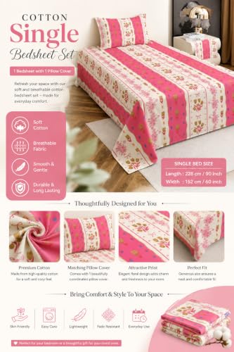 Image of IVAZA 240 TC Soft Ezyption Floral Single Bed Sheet Cotton - Single bedsheet with 1 Pillow Cover Hypoallergenic, Brethable, (Size- 60 x 90 Inch Pink Flower