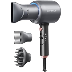 Wavytalk Blow Dryer, Blown Away Ionic Hair Dryer for Curly Hair with Diffuser, 1875W Fast Drying Blow Dryer with Ceramic Technology, 3 Attachments for All Hair Types, Light and Quiet, Grey E