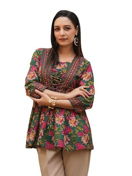 Women's Rayon V-Neck Printed Anarkali Short Kurti-picture-26