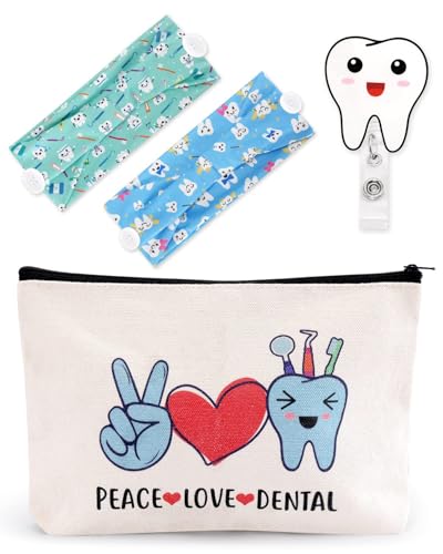 4PCS Dentist Gifts Dental Hygienist Accessories Headbands with Buttons Glitter Acrylic Badge Reel Retractable Teeth Makeup Bag Dentist Physician Appreciation Gift for Women Assistant Week Graduation