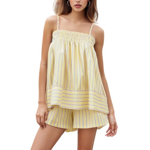 Image of SOOKABEILA Women 2 Piece Lounge Set Sleeveless Striped Cami Peplum Top Boxer Shorts Loose Ruffle Matching Pj Sets Outfits