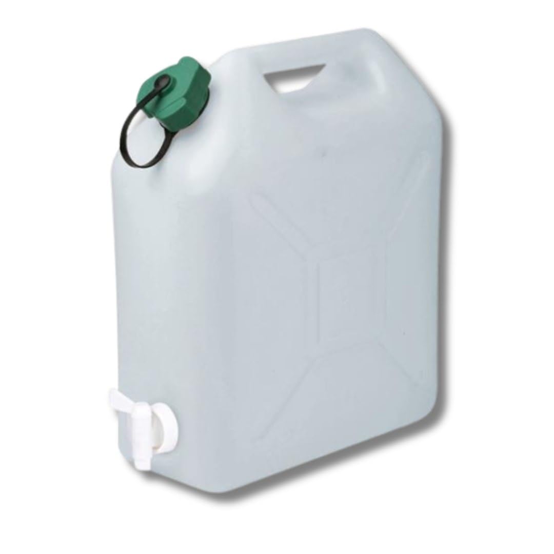 EDA - Bidon à Eau 10 L - Jerrican Extra Fort avec Bouchon Simple et Robinet - Certifié Contact Alimentaire - 29 x 14 x 35 cm - Naturel