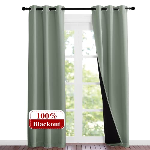 NICETOWN Greyish Green Blackout Curtains 84 inches Long, Full Light Blocking Drapes with Black Liner for Nursery, Noise Reducing Thermal Insulated Dra