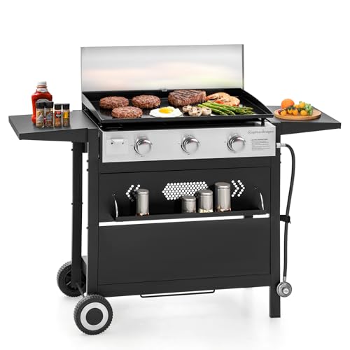 MFSTUDIO 27 Inch Flat Top Propane Gas Griddle Grill, Ceramic Coated Cast Iron Pan, Outdoor Flattop Grill with Lid for Cooking