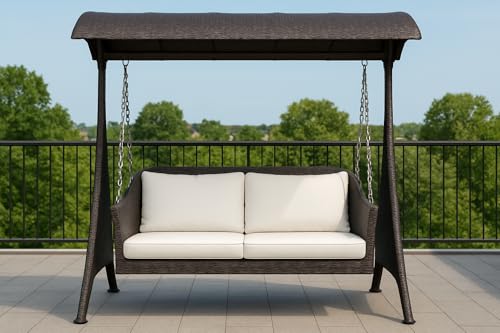 Image of Swing with Roof & Stand for Outdoor, Balcony, Garden | Weather Resistant Rattan & Wicker Hammock Swing Double Seater | Jhula for Adults