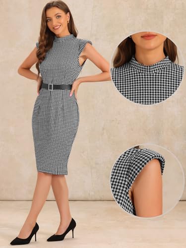 Allegra K Dressy Casual Sheath Dress for Women's Mock Neck Shoulder Pad Belt Houndstooth Dress2