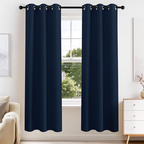 Image of PONY DANCE Navy Blue Blackout Curtains for Bedroom 63 Inch Length 2 Panels Set, Thermal Insulated Energy Saving Grommet Top Window Treatment Drapes for Living Room, W34 x L63 Inch
