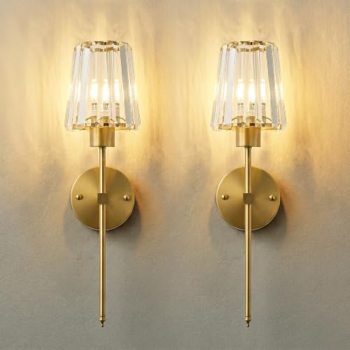 Image of KARTOOSH Hardwired Crystal Wall Sconces Set of 2 | 20.1 Inch Brass Conical Crystal Wall Lights Dimmable 3000K Warm White Wall Lamps for Hallway, Bathroom, Living Room, Bedroom