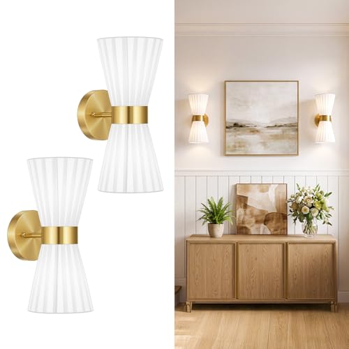 Image of Gold Wall Sconces Set of 2, Milk White Pleated Fabric Shade | Hardwired, Wall Light Fixtures, Up Down Wall Mount for Living Room Bedside