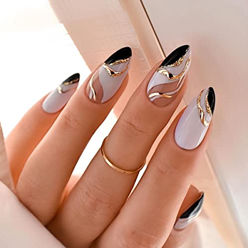 24 Pcs Press On Nails Medium Almond Fake Nails French Tip Glue On Nails With Geometric Glitter Design Glossy Full Cover False Nails Artificial Nails For Women Manicure Decorations #TOP1