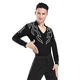 YUMEIREN Men's Spandex Rhinestone Latin Ballroom Dance Tops Shirt(Long Sleeve,M)