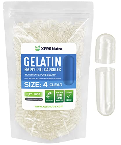 Image of XPRS Nutra Size 4 Empty Capsules - 1000 Count Small Clear Empty Gelatin Capsules - Pills DIY Capsule Filling - Fillable Pure Bovine Pill Gel Caps for Do-It-Yourself Supplements