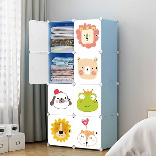 Image of AYSIS Almirah for Clothes, Plastic Soft Sheet Collapsible Wardrobe for Kids Toys /Books, Baby Cupboard Storage in Bedroom Nursery, Cartoon (Blue, 8-Shelf-8-Door)