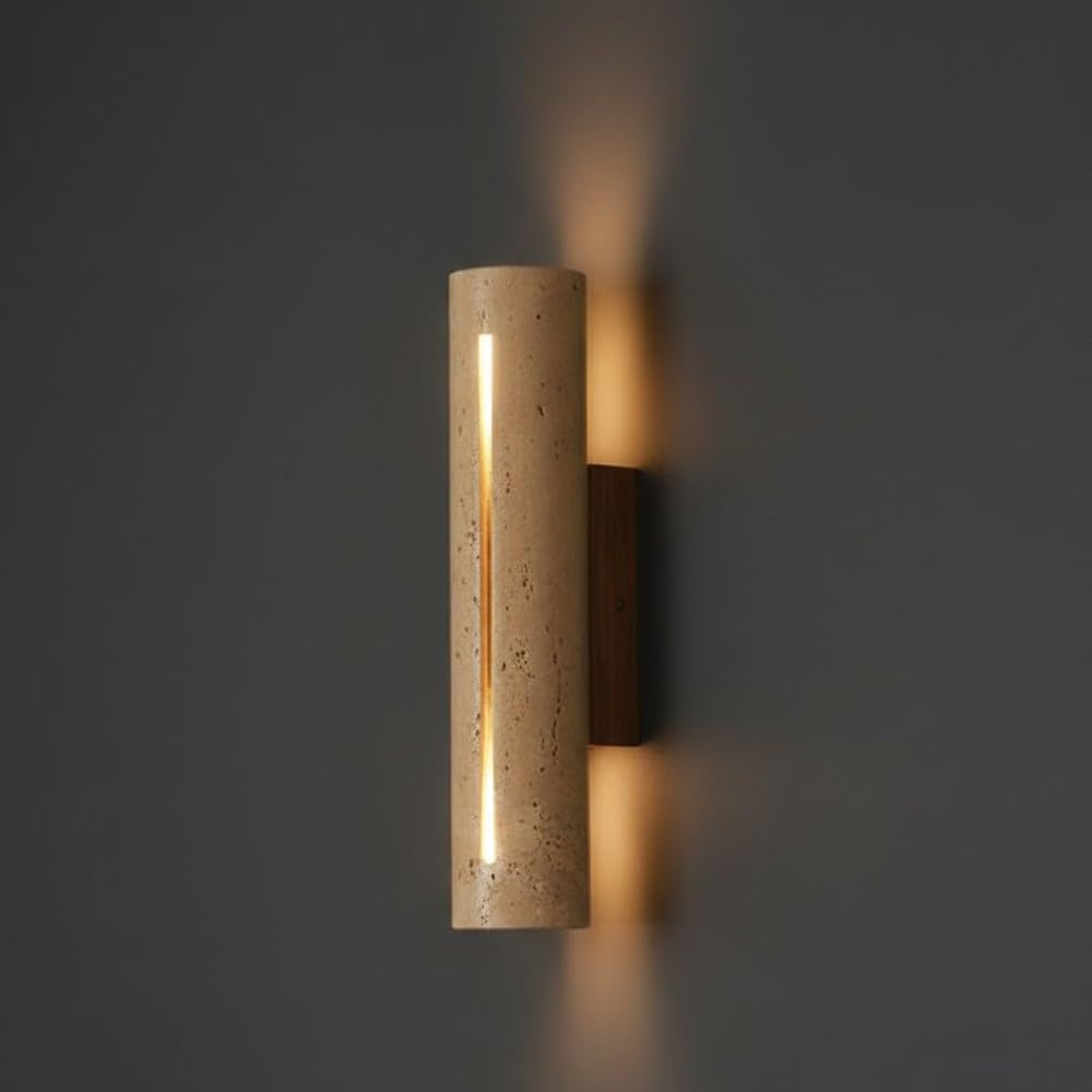 NHPJFDC Modern Travertine Wall Sconce Lighting, Natural Stone Wall Light Fixture, Minimalist Walnut Wood Wall Lamp, Decorative Sconce for Bedroom, Living Room, Hallway, Bedside, Aisle, Hotel Decor