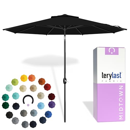 Image of Midtown Umbrellas - 10-Year-No-Fade 10 Ft Patio Umbrella with Terylast Fabric, Auto-Tilt Aluminum Frame and 8 Reinforced Ribs for Deck, Pool, Garden & Beach - Ebony Black Canopy, Black Pole