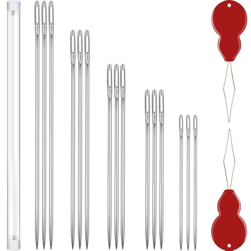 Long Sewing Needles, 15 Pcs & 5 Sizes Stitching Needles, Hand Sewing Needles for Stitching and Crafting Projects, Carpet, Cushion, Curtain, Quilting Needles Large Eye with 2 Needle Threaders