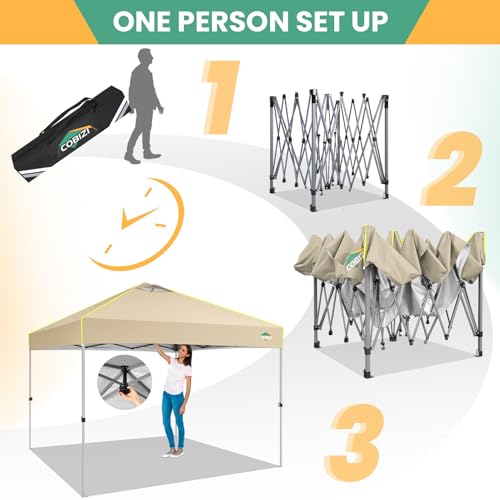 COBIZI-10×10-Pop-Up-Canopy-Tent-with-One-Push-Setup-Glow-Outdoor-Ez-Up-Gazebo-Waterproof-UPF50-with-3-Adjustable-Height-Air-Vent-4-Sandbags8-Stakes-Carrying-Bag-for-Party-BeachKhaki COBIZI 10×10 Pop Up Canopy Tent with One Push Setup Glow Outdoor Ez Up Gazebo Waterproof UPF50 with 3 Adjustable Height Air Vent 4 Sandbags8 Stakes Carrying Bag for Party BeachKhaki