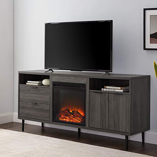Walker Edison Furniture Company Modern Wood Fireplace Stand with Cabinet Doors and Drawers