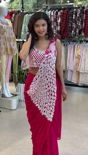 Image of Ready to Wear Faux Georgette Saree with Fully Embroidered Stylish Blouse | Pre-Stitched Saree for women