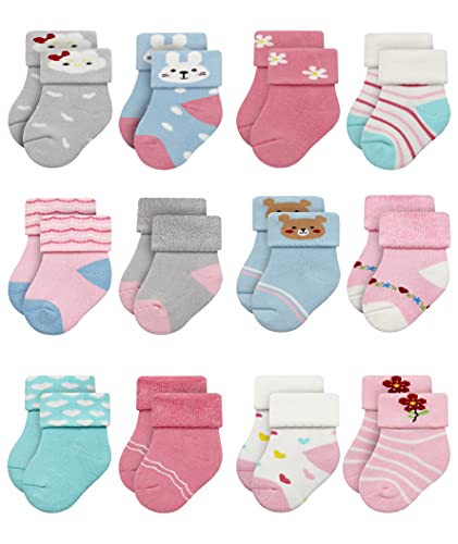 Image of RATIVE Newborn 0-3 Months and Infant 3-12 Months Thick Terry Turn Cuff Socks for Baby Boys Girls