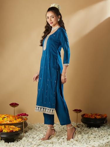 Image of MOKOSH Women's Muslin Embroidered Kurta Pant Dupatta Set (440-DM)