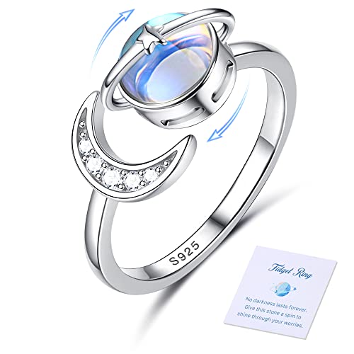 Adramata Bague Anti-Stress en Argent Sterling 925 Pierre de Lune CZ Réglable Étoile Lune Spinner pour Anxiété Fidget Bague Femme