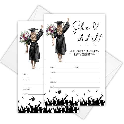 She Did It Graduation Invite Cards, 20 Graduation Invitations with Envelopes Congrats Grad Graduation Party Supplies for University College or High School Celebration Announcement Party Decor -FS388