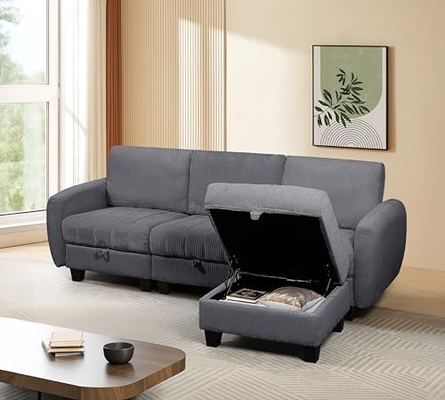 Gecheer Grey Corduroy Fabric Sofa with Ottoman, Storage Function Pull
