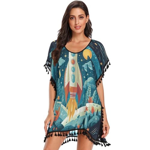 Space Rocket Art Women's Beach Cover Up Chiffon Tassel Swimwear Swimsuit Coverups for Girl
